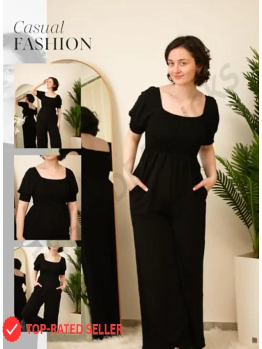 Womens 100% Polyester Jumpsuit with Lantern Sleeves, Wide Leg Overalls with